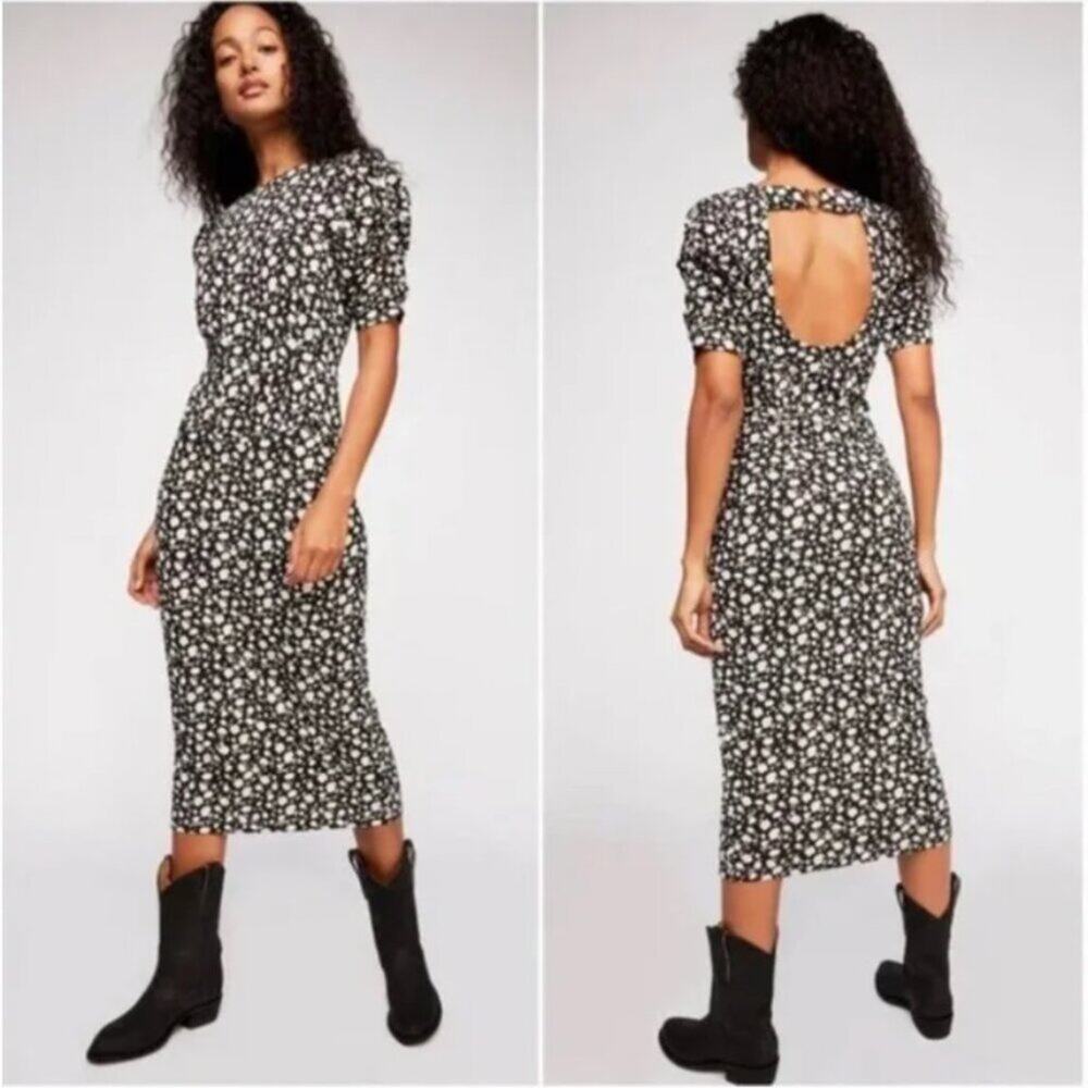 Free People Rosie Black & White Floral Knit Midi Dress